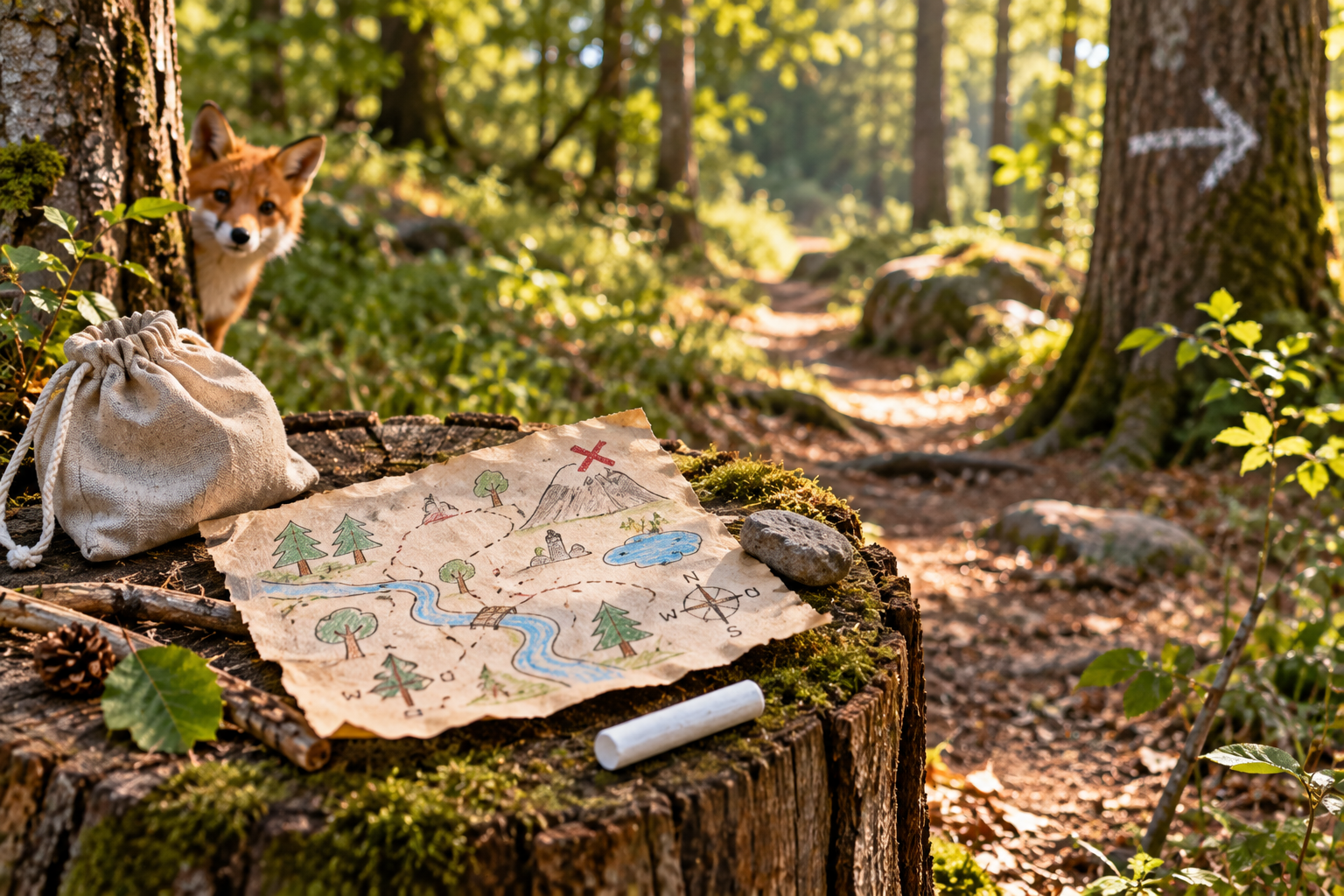 Handgezeichnete Schatzkarte, Kreide und Stoffbeutel auf einem Baumstumpf an einem Waldweg mit Kreidepfeil und einem Fuchs im Hintergrund